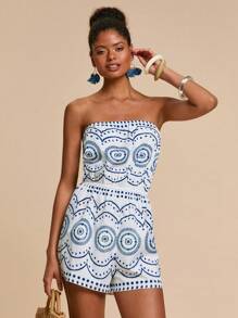 Travachic 女式蓝白印花抹胸连体裤，女士度假装，女士度假装，海滩度假装，女士夏季装，女士连体裤 - 藍白色 - 查看 4