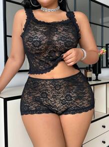 SHEIN 2pcs Black Lace Plus Size Lingerie Set