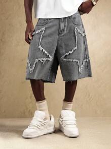 SUMWON Distressed Denim Jorts High Fashion Star Pattern Cut Out Design Knee Length Street Style Festival Summer Shorts