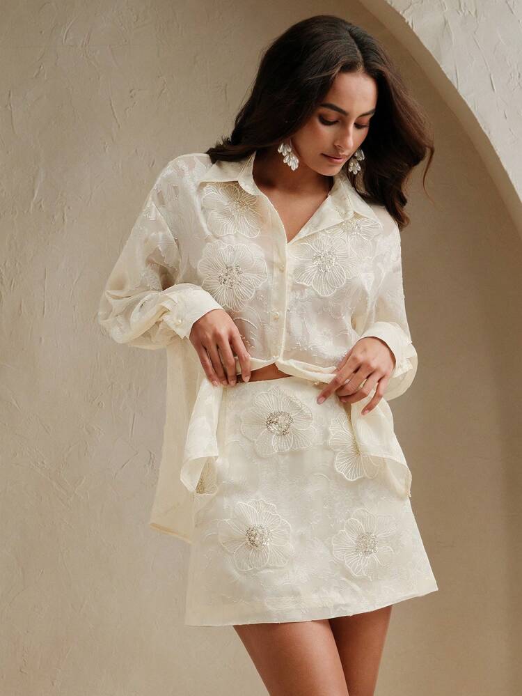 2pcs Set: Long Sleeve Elegant Blouse & Handmade 3D Flower Embellished Mini Skirt, Apricot