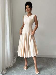 Rafferiza 女式纯色 V 领无袖褶皱优雅中长连衣裙，夏季 - 杏色 - 查看 4