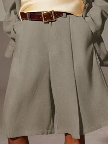 Athîral 女士夏季休闲纯色阔腿短裤 - 卡其色 - 查看 5