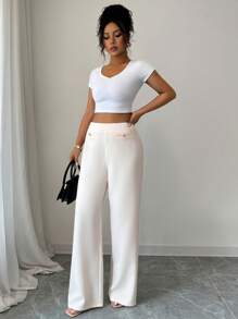 Elenzga Damen einfarbige Knopfdesign gerade geschnittene lose Freizeithose