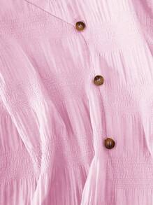 Plus Size Women Elegant Romantic Solid Color V-Neck Faux Button Shirt - Baby Pink - View 4