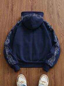 SWAVVY Sudadera con capucha de manga larga de ajuste holgado, casual y de punto con bordado en inglés para hombres, otoño e invierno