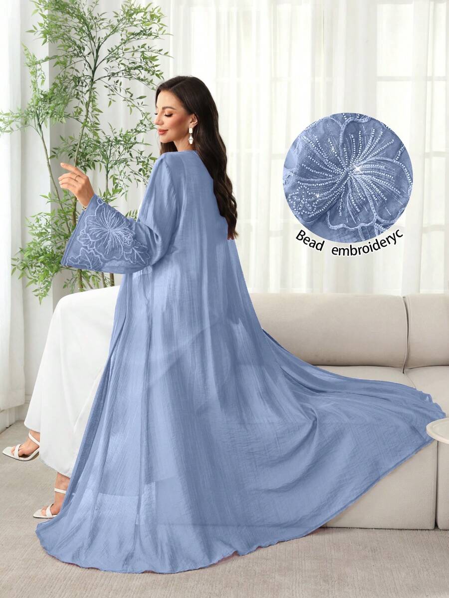 SHEIN Najma Lightweight Open Front Arabic Abaya Robe With Pearl Embroidered Trim On Cuffs And Collar, Spring/Summer - Blue - View 1