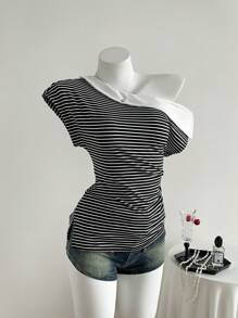 Franclia Black & White Stripes Fashion Avant-Garde Slouchy French Style Women's T-Shirt Women's Summer Top Off-The-Shoulder Top - Multicolor - View 3