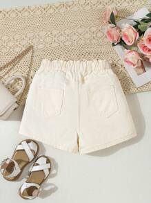 Tween Girls' Summer Ruffled Waist Rainbow & Heart Embroidered Fashionable Snug Fit Denim Shorts - Apricot - View 2