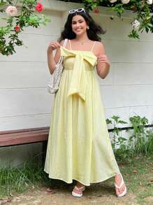 SHEIN EZwear Plus Size Women Plaid Bowknot Decor Spaghetti Strap Dress, Summer Vacation Wear - Yellow - View 5