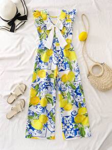 Sparklyn Tween Girl' Backless Bowknot Printed Loose Wide Leg Jumpsuit, Vacation Style - Multicolor - View 7