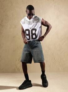 SUMWON Quần short denim thợ mộc nhiều túi tiện dụng cho công việc mùa hè, quần short jean thường ngày cạp vừa, dáng rộng, phong cách công sở - Màu xanh lam - Xem 3