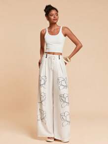 Travachic 女式夏季波西米亚风亚麻阔腿裤宽松花卉印花阔腿松紧腰雪纺裤，春夏休闲女式夏季裤子女式沙滩装夏季裤子狂欢装节日度假装女式夏季裤子女式春季装女式度假装 - 杏色 - 查看 4