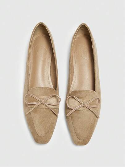 CUCCOO BIZCHIC 女士方头绒面革蝴蝶结舒适软底玛丽珍芭蕾平底鞋，杏色日常室内外一脚蹬乐福鞋