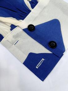 INAWLY Áo cánh tay đèn lồng in họa tiết khối màu thanh lịch dành cho nữ - Xanh đậm - Xem 4