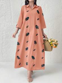 Al Najma Embroidered Collar Long Casual Dress - Orange - View 7