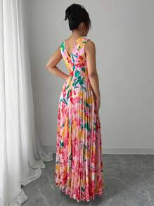 Elenzga Sleeveless Ditsy Floral Music Festival Plunging Neck Open Slit Ruched Hem Sexy Vacation Dress For Women - Multicolor - View 2