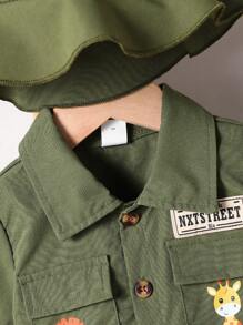 SHEIN 婴幼儿男孩可爱丛林动物印花连帽休闲连体衣，适合日常穿着、郊游、聚会、度假、春夏季 - 軍綠色 - 查看 3