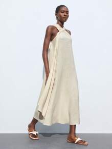 Maija 女式夏季休闲纯色吊带连衣裙 - 杏色 - 查看 4
