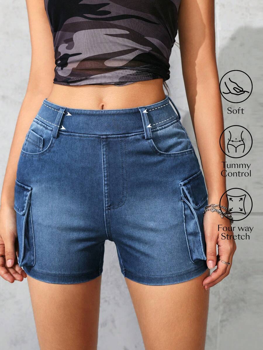 SHEIN Unity 女式多口袋休闲百搭牛仔短裤 - 淺色水洗藍 - 查看 1