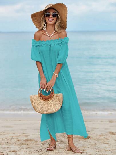 Swim Vcay Damsommarklänning med volanger och midiklänning för stranden, sexig strandklänning, lös klänning med lyktorärmar och delad split för bröllopsgäster