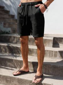 VENTUSAIL Men's Fashion Casual Solid Color Drawstring Pocket Shorts - Black - View 3