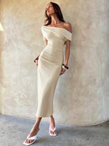 Aloruh Váy midi xếp ly hở vai công sở thường ngày cho nữ, Xuân/Hè - Màu be - Xem 5