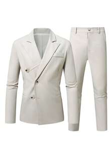 Manfinity Mode Conjunto de chaqueta y pantalón en talla grande para hombre, de unicolor y marrón jaspeado, de manga larga y cuello solapa