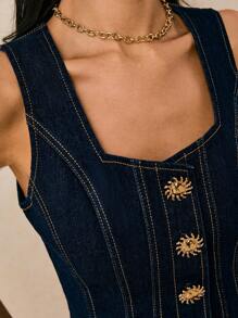 Poéselle New Arrival Women Square Neck Tops Metal Buckle Decoration Back Waist Ruffle Hem Tops Autumn Dark Blue Denim Tops - Dark Wash - View 9