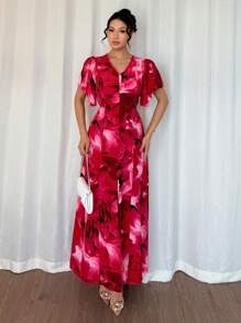 Chiquease 女士优雅花卉印花荷叶边袖长裙，玫瑰红色