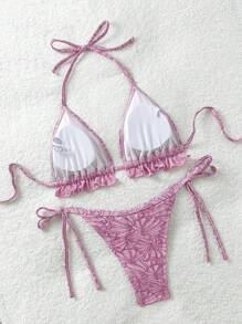 Soleia New Pink Textured Fabric Ruffle Trim Bikini Set, Vacation Style - Pink - View 2