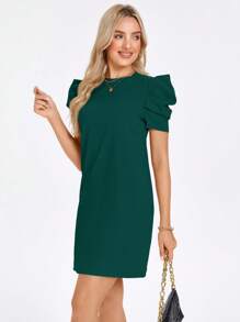 SHEIN LUNE Solid Puff Sleeve Keyhole Back Dress