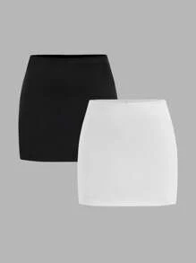 SHEIN Girlism 2pcs/Set Tween Girl Casual Minimalist Comfortable Mid-Waist Snug Fit Mini Skirt Fall Winter