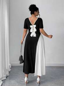 Elenzga Plus Size Women French Elegant Pleated Patchwork Bowknot Detail Dress - Black and White - View 2
