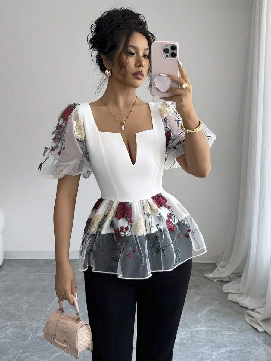 Selianne Women's Summer Floral Embroidered Mesh Puff Sleeve Fashionable Blouse - Multicolor - View 1