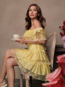 SHEIN Unity Đầm ngắn hở vai cổ xếp nếp ren chắp vá nhún bèo eo đuôi cá thời trang xuân/hè cho nữ - Màu vàng - Xem 6