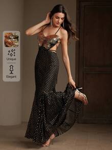 Heavy Embroidered Butterfly Chiffon Jacquard A-Line Dress - Black - View 2