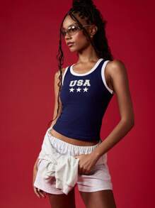 MISSGUIDED 美国国庆日星形标志背心，露背设计，夏季复古短款无袖修身运动背心 - 藍白色 - 查看 5