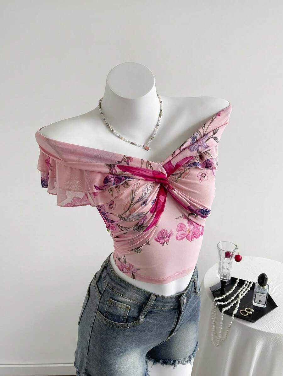 SHEIN Unity Women's Pink Mesh Romantic Vacation Floral Print Twist Off Shoulder Sheer T-Shirt - Pink - View 1