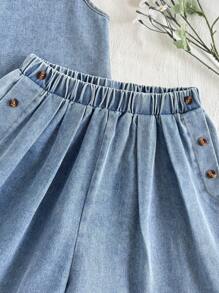 SHEIN Vintaside Kids Conjunto de chaleco vaquero sin mangas y shorts vaqueros lavados para niñas, estilo coreano, versátil para vacaciones, viajes al aire libre y uso casual diario