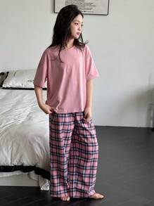 Dazy Kids 女童字母图案T恤和格子睡裤套装 - 粉色 - 查看 2