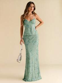 SHEIN BAE Váy thêu kim tuyến thanh lịch cho nữ, mùa hè - Màu xanh Bạc hà - Xem 3