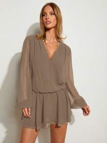 COSMINA Đầm mini tay dài cổ chữ V màu trơn thanh lịch dành cho nữ - Lạc đà - Xem 7