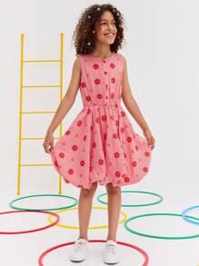 SHEIN Tween Girl Solid Color Round Neck Sleeveless Plaid & Floral Print Casual Dress - Red - View 5