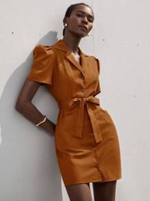 Aveloria Modichic Premium Quality Lapel Short Puff Sleeve Mini Dress For Women - Brown - View 6