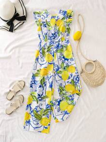 Sparklyn Tween Girl' Backless Bowknot Printed Loose Wide Leg Jumpsuit, Vacation Style - Multicolor - View 6