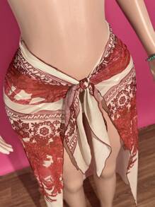 Slaydiva 2025年夏季新款蕾丝音乐节复活节西部波西米亚风优雅派对性感海滩泳池日光浴病毒式热门假日泳衣罩衫热带红色印花 - 紅色 - 查看 4