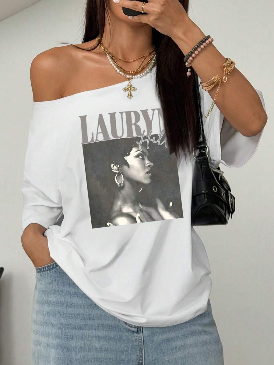 SHEIN Women's Loose Fitted Oblique Shoulder T-Shirt - White - View 1