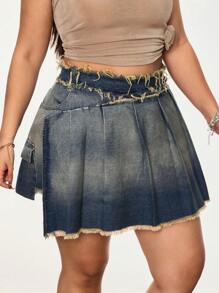 SHEIN ICON Plus Size Retro Vintage Pleated Denim Mini Skirt - Medium Wash - View 5