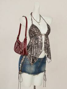 SHEIN ICON Vintage Leopard Print V-Neck Backless Halter Tank Top With Slit Hem - Multicolor - View 8