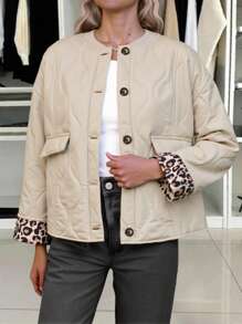 INAWLY Women's Solid Color Splicing Front Button Long Sleeve Pocket Simple Casual Jacket - Cream - View 3